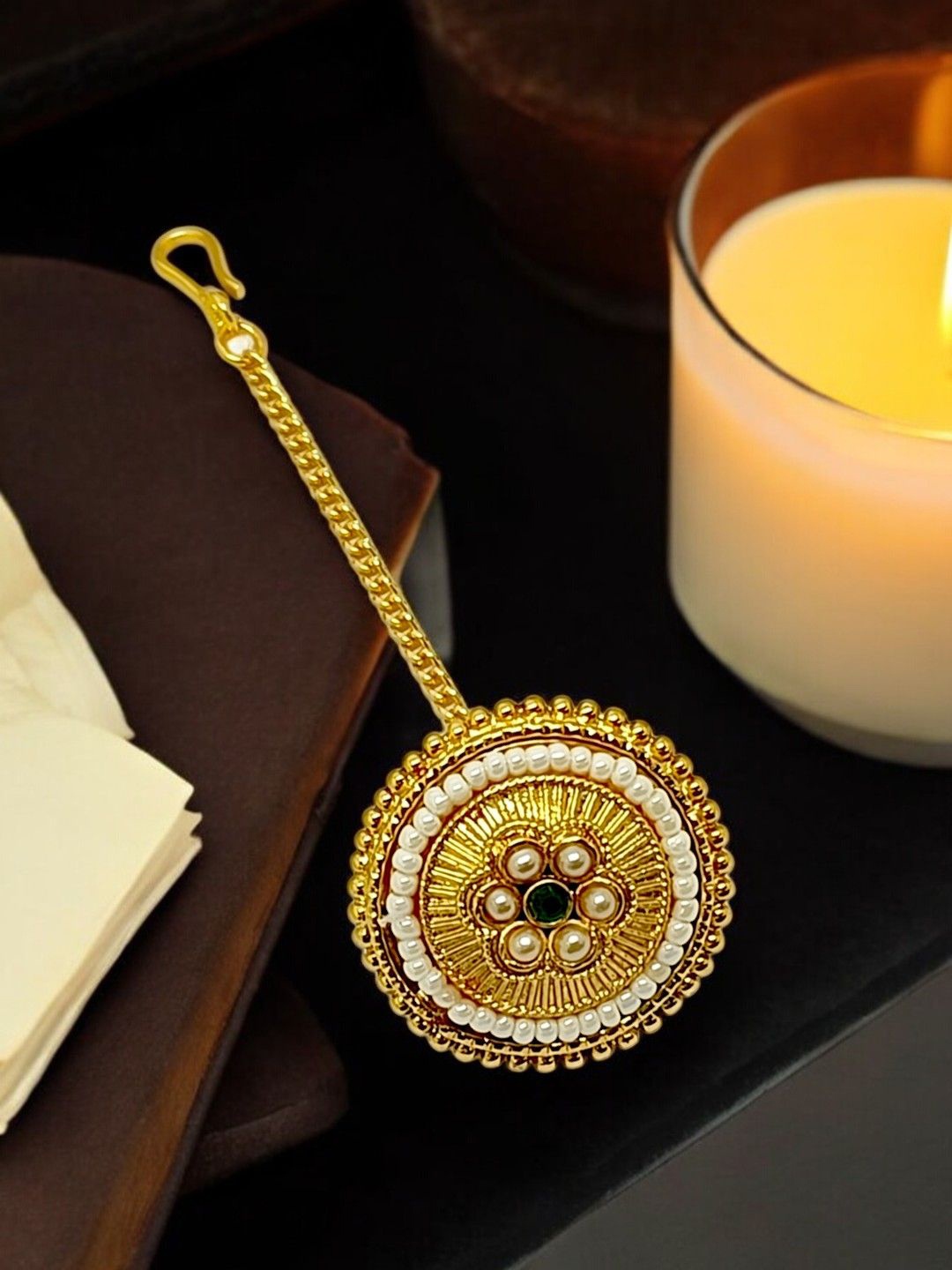 

FEMMIBELLA Gold-Plated Artificial Stones and Beads Studded Maang Tikka Head Jewellery