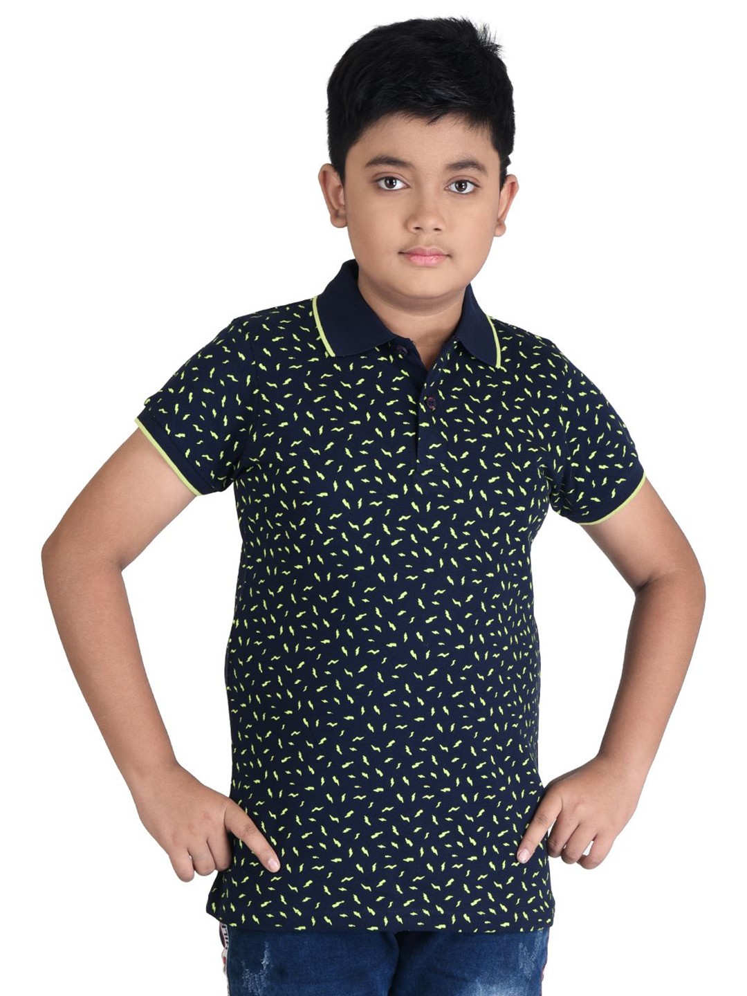 

Clothe Funn Boys Conversational Printed Polo Collar Cotton Casual T-shirt, Navy blue