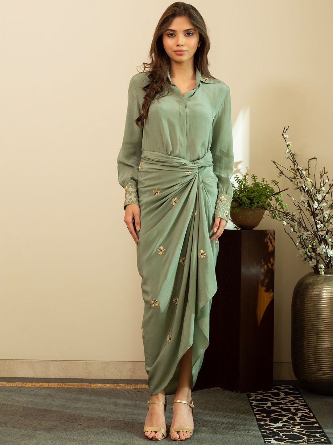 

HOUSE OF INARI Embroidered Silk Shirt With Dhoti Skirt Co-Ords Set, Green