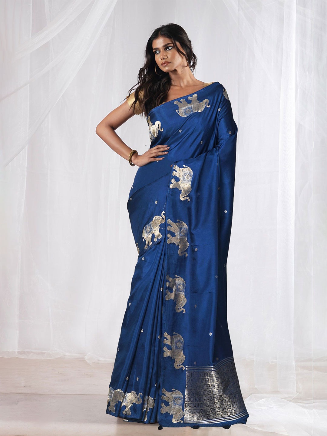 

Unnati Silks Ethnic Motifs Woven Design Zari Pure Silk Banarasi Saree, Blue
