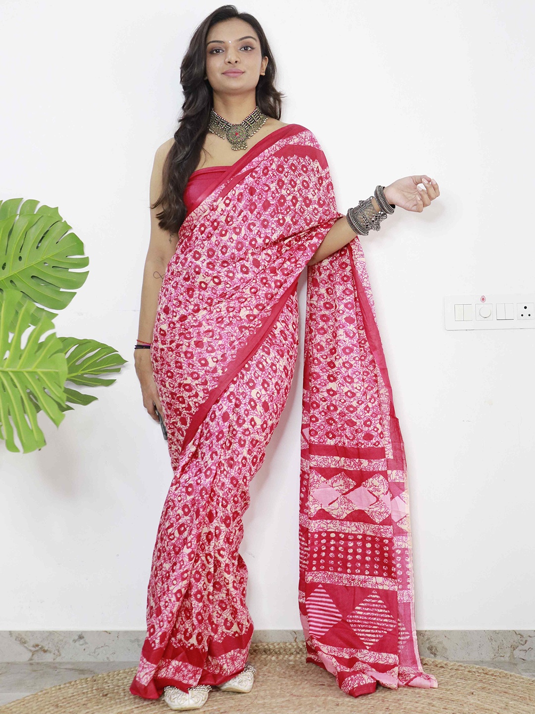 

HERE&NOW Pure Cotton Bagru Saree, Pink