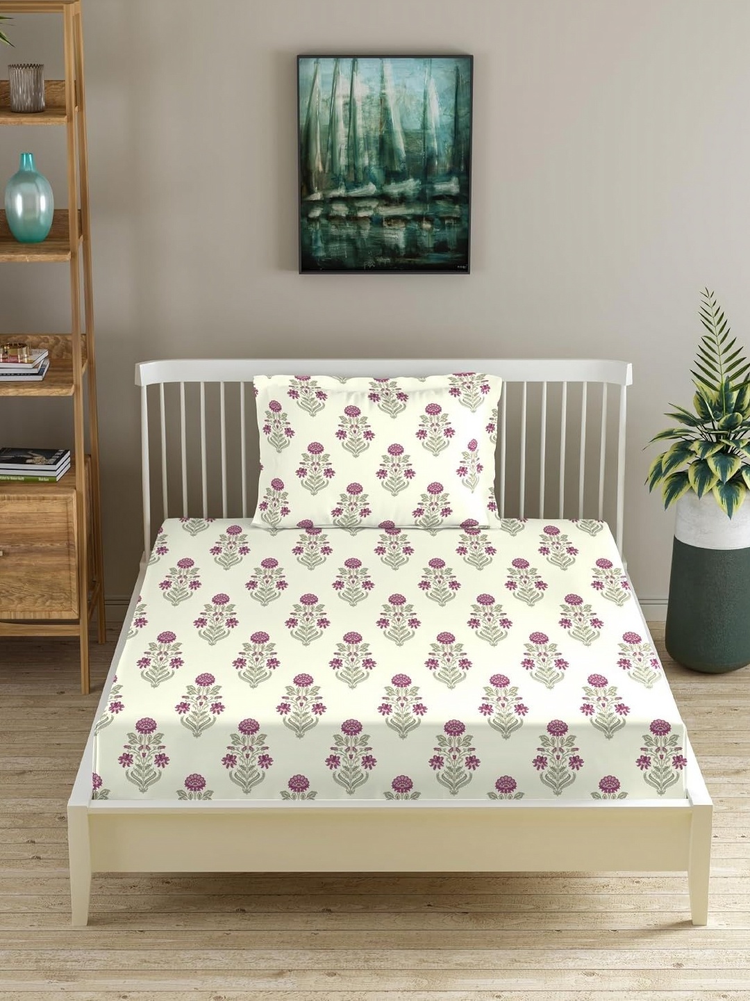 

Trance Home Linen White Printed Linen Cotton 180 TC Single Bedsheet Set 1.98 m x 92 cm