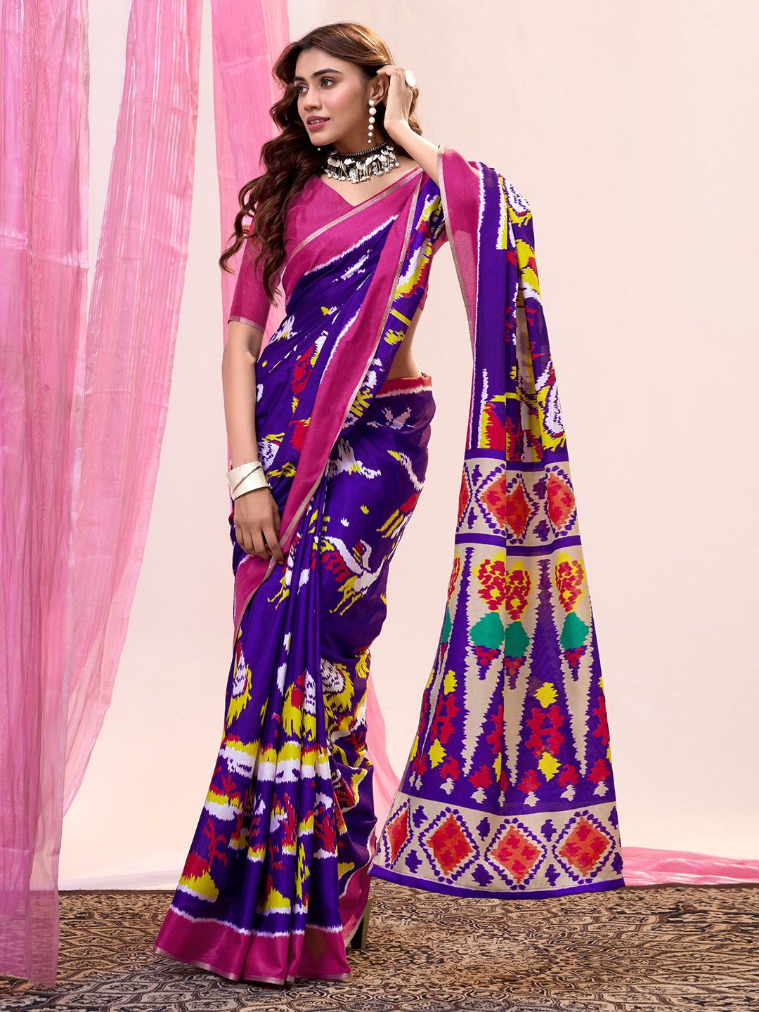 

Panzora Ethnic Motifs Zari Silk Blend Tussar Saree, Violet