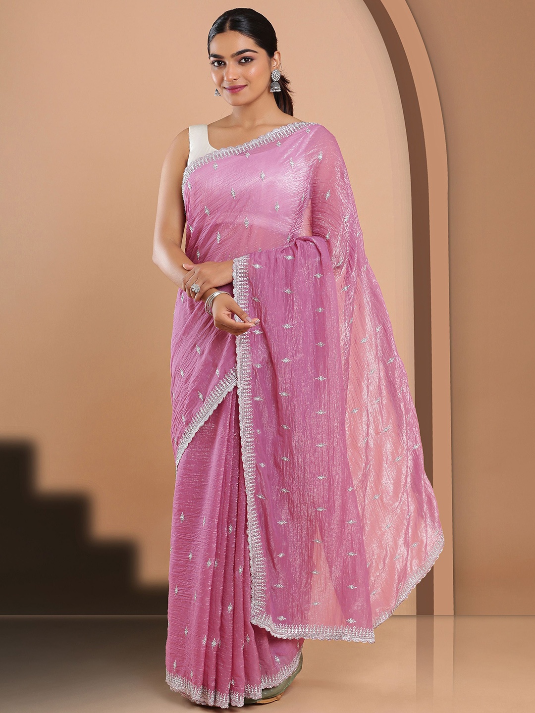 

Kalyan Silks Floral Embroidered Organza Jamdani Saree, Pink