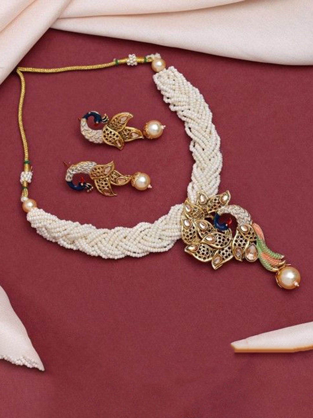 

RHOSYN Gold-Plated Stone Studded & Beaded Meenakari Jewellery Set