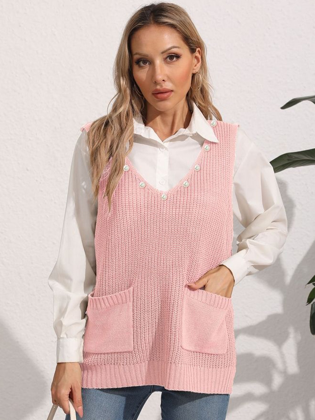 

LULU & SKY Women Self Design Ribbed Sweater Vest, Pink
