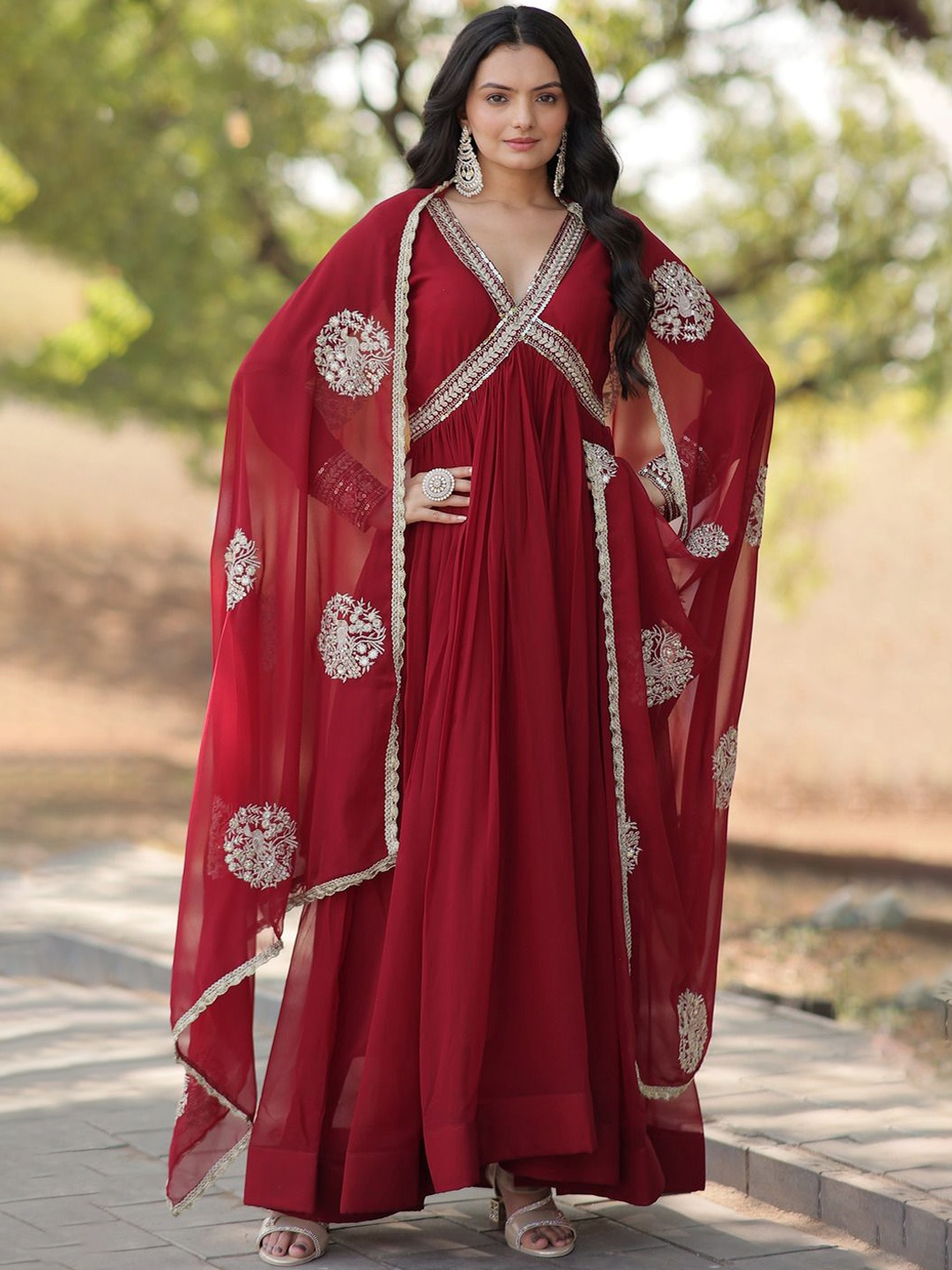 

KALINI Floral Embroidered Zari Georgette Angrakha A-Line Kurta With Dupatta, Maroon