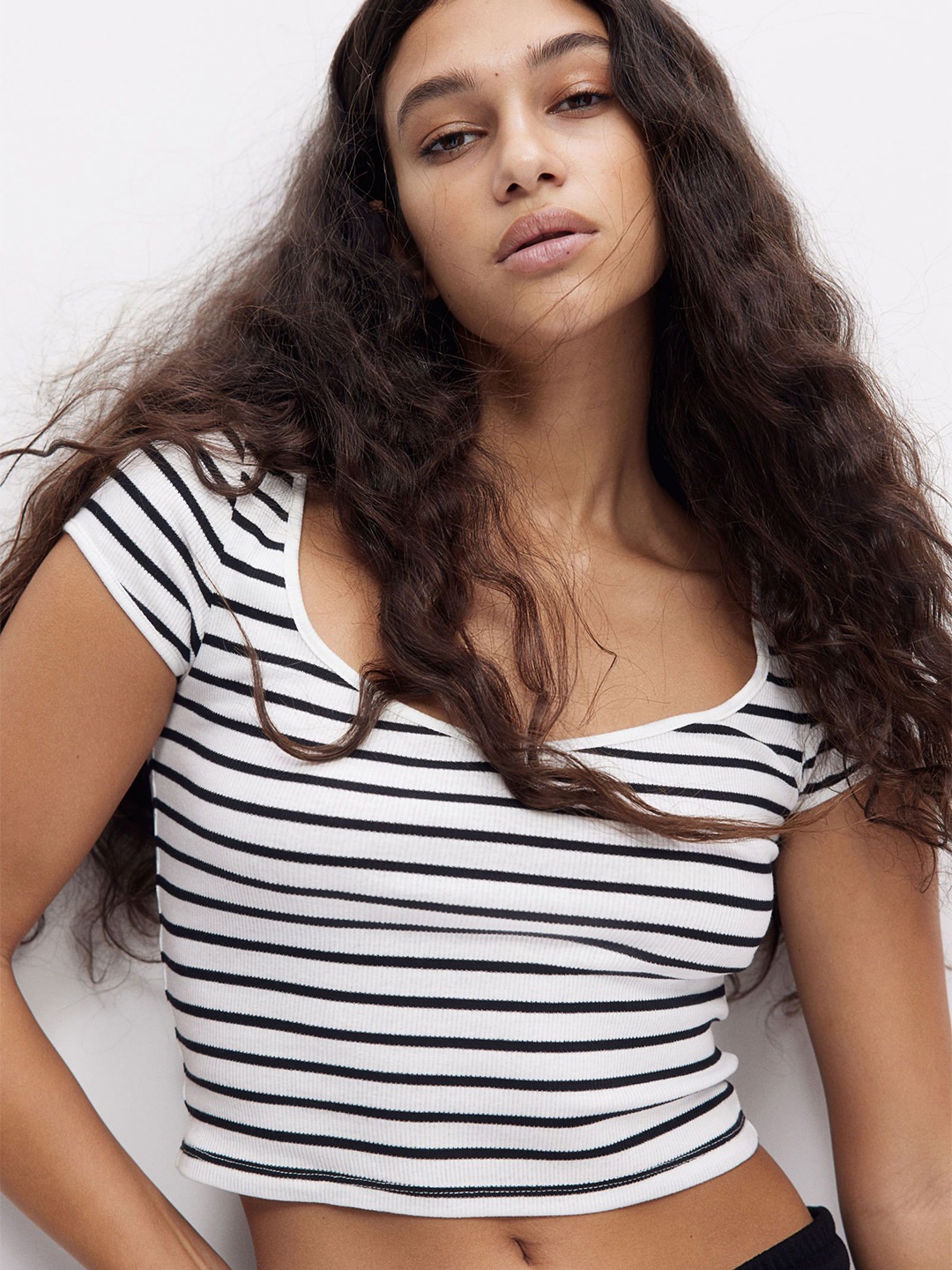 

H&M Ribbed Sweetheart-Neck T-Shirt, White