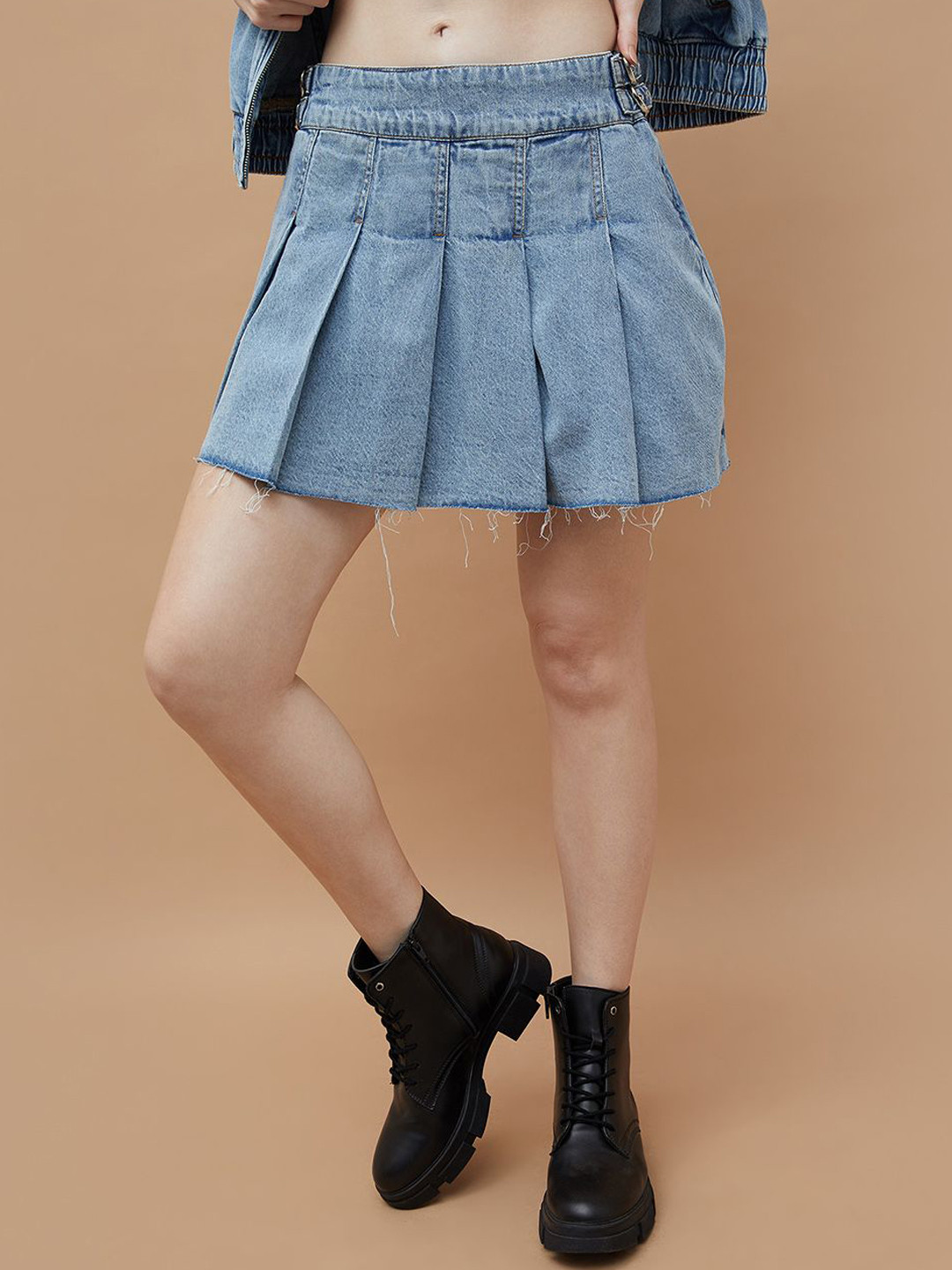 

Ginger by Lifestyle Women Pure Cotton Pleated A-Line Mini Skirt, Blue