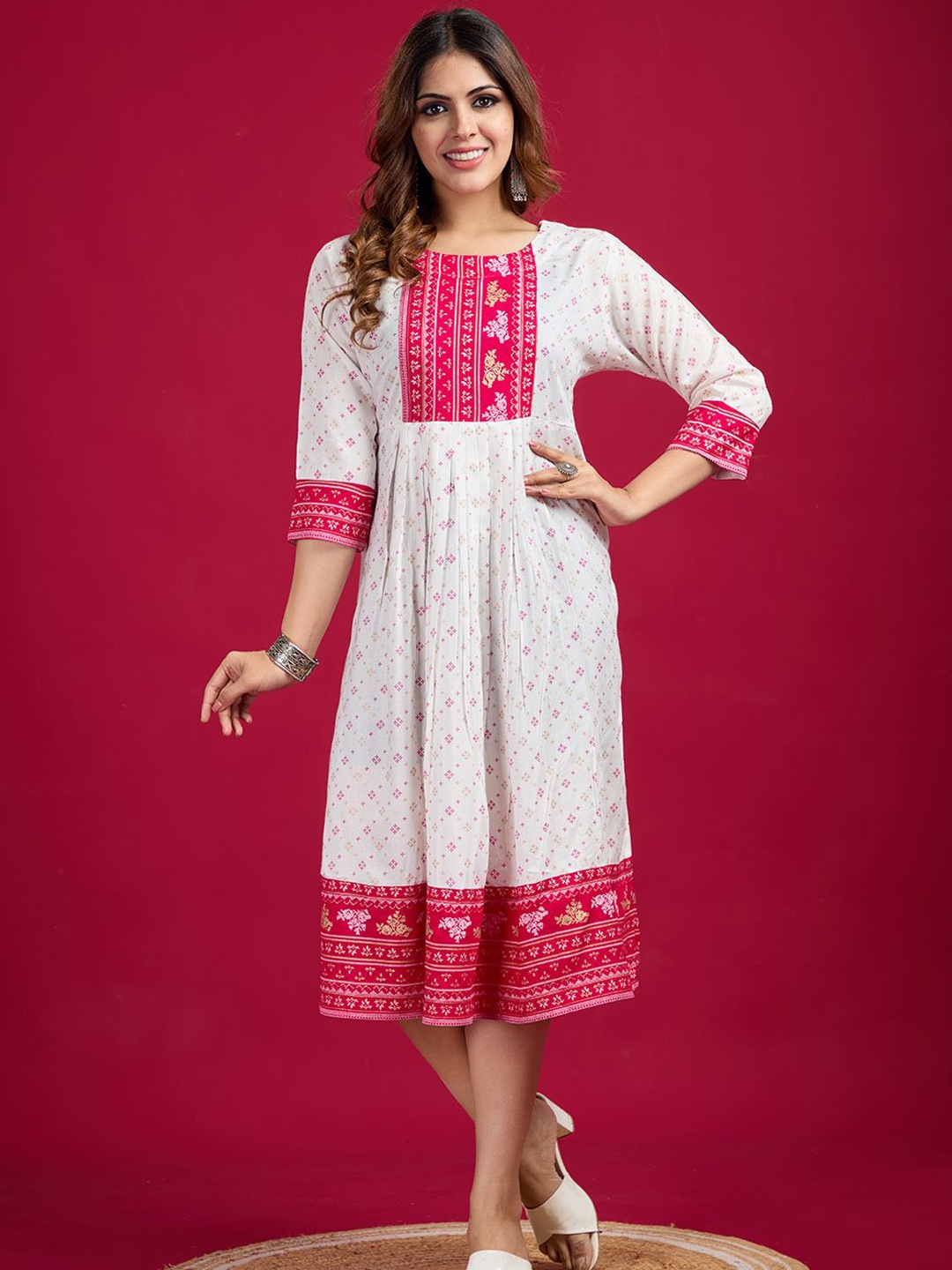 

NIRMAL CREATION Geometric Printed Round Neck Three-Quarter Sleeves Cotton Ethnic Dress, Pink