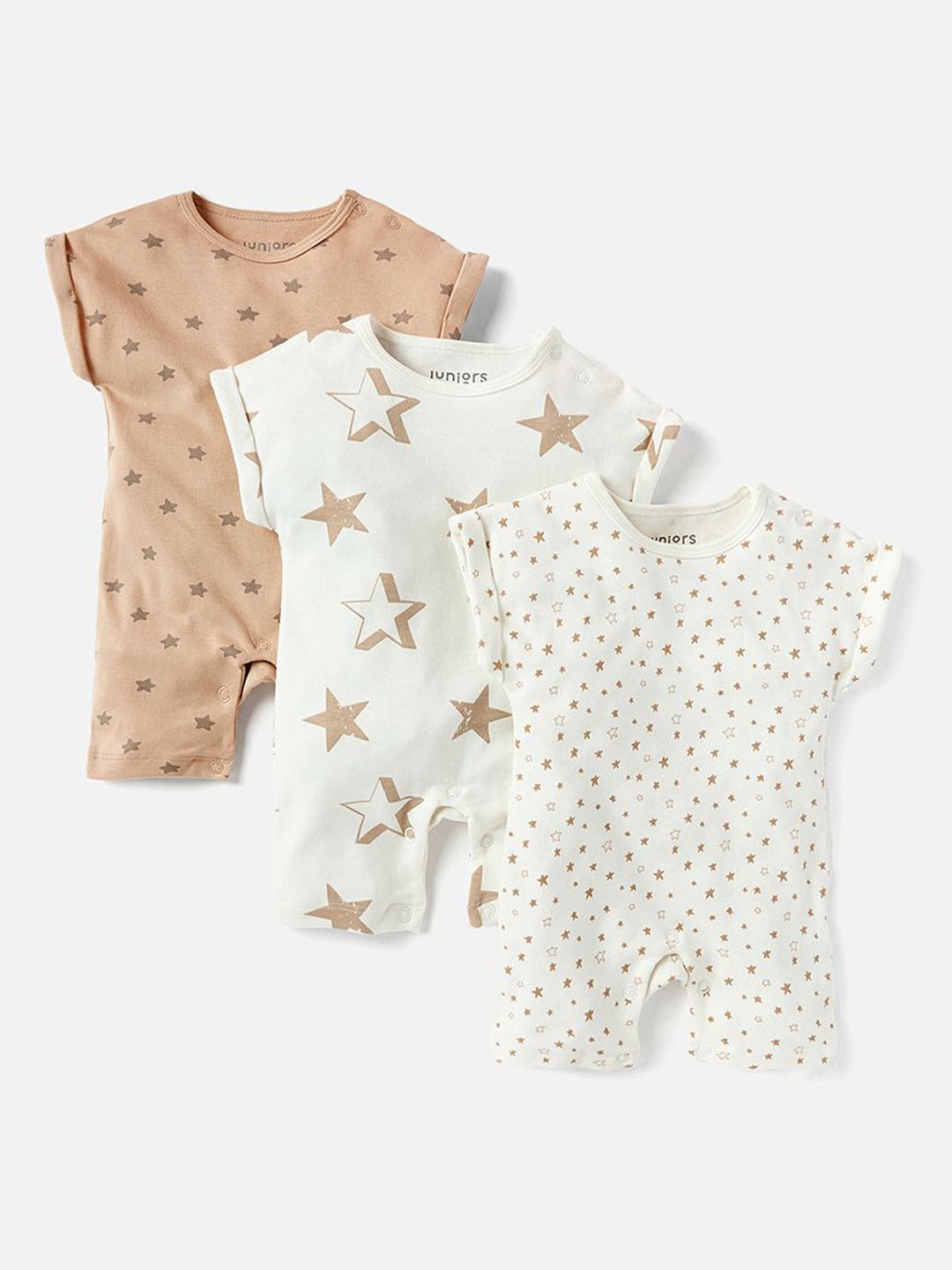 

Juniors by Babyshop Infant Boys Pack Of 3 Printed Cotton Rompers, Beige