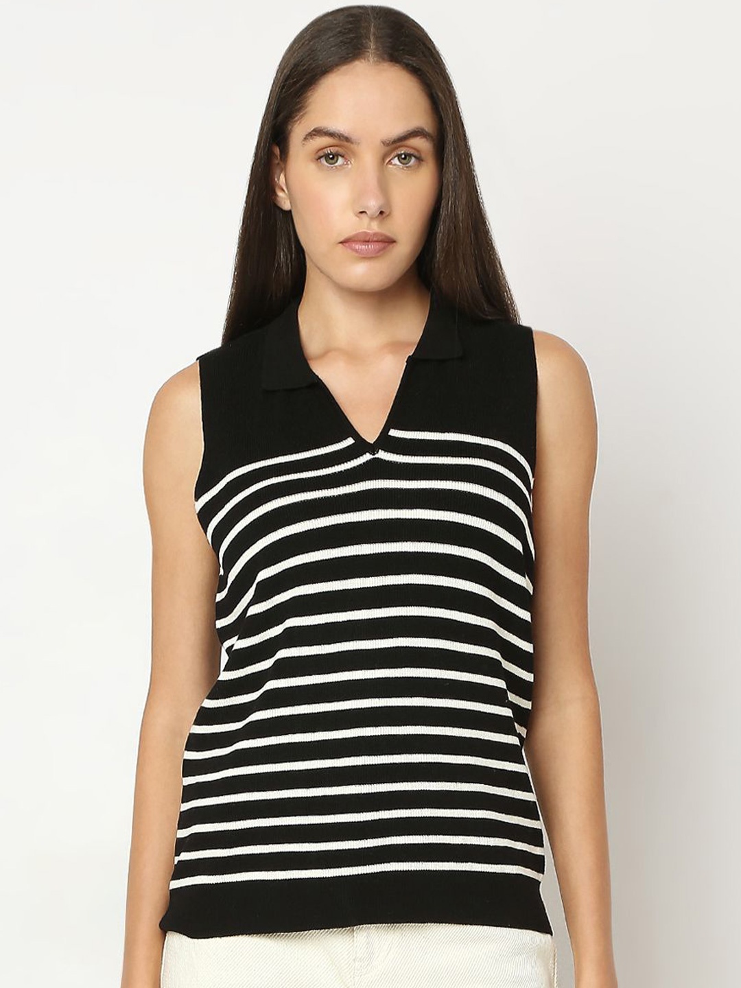 

Vero Moda Women Shirt Collar Sleeveless Striped Tank Top, Black