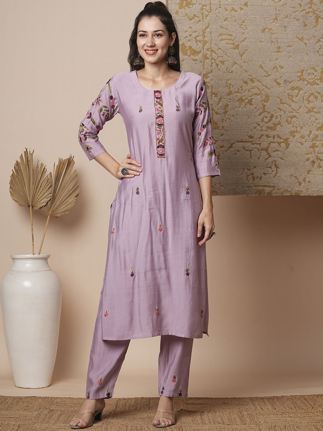 

FASHOR Lavender and Pink Floral Embroidered Tunic & Trouser