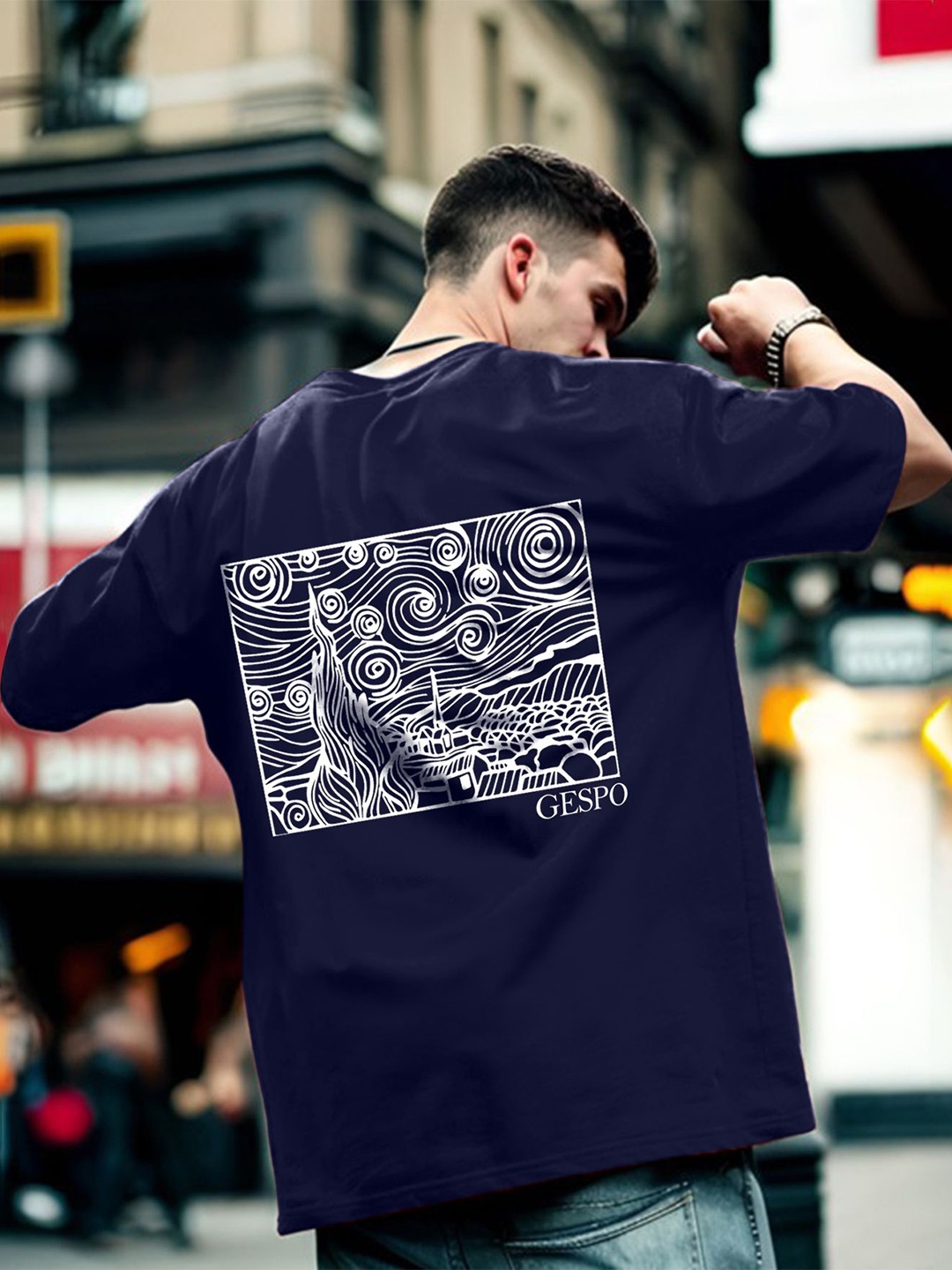 

GESPO Men Graphic Printed Pure Cotton Oversized T-shirt, Blue