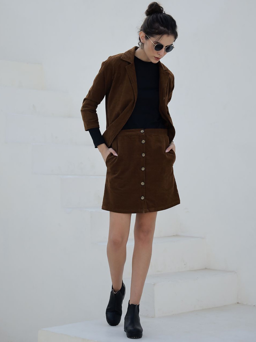 

SANSKRUTIHOMES Lapel Collar Three-Quarter Sleeves Pure Cotton Jacket & Skirt, Brown