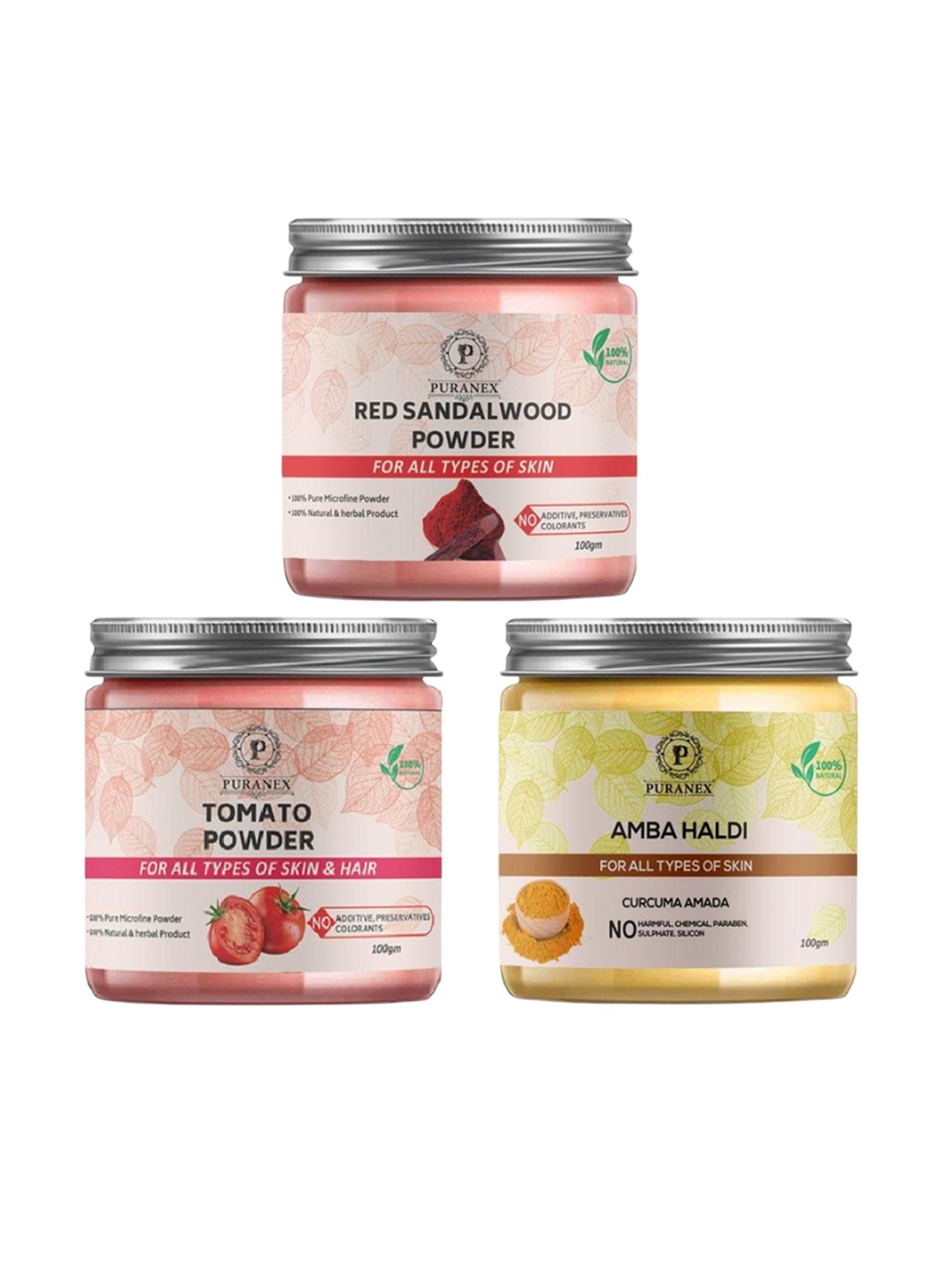 

Puranex Set Of 3 Natural Red Sandalwood & Amba Haldi Hair & Skin Powder -100 g Each, White