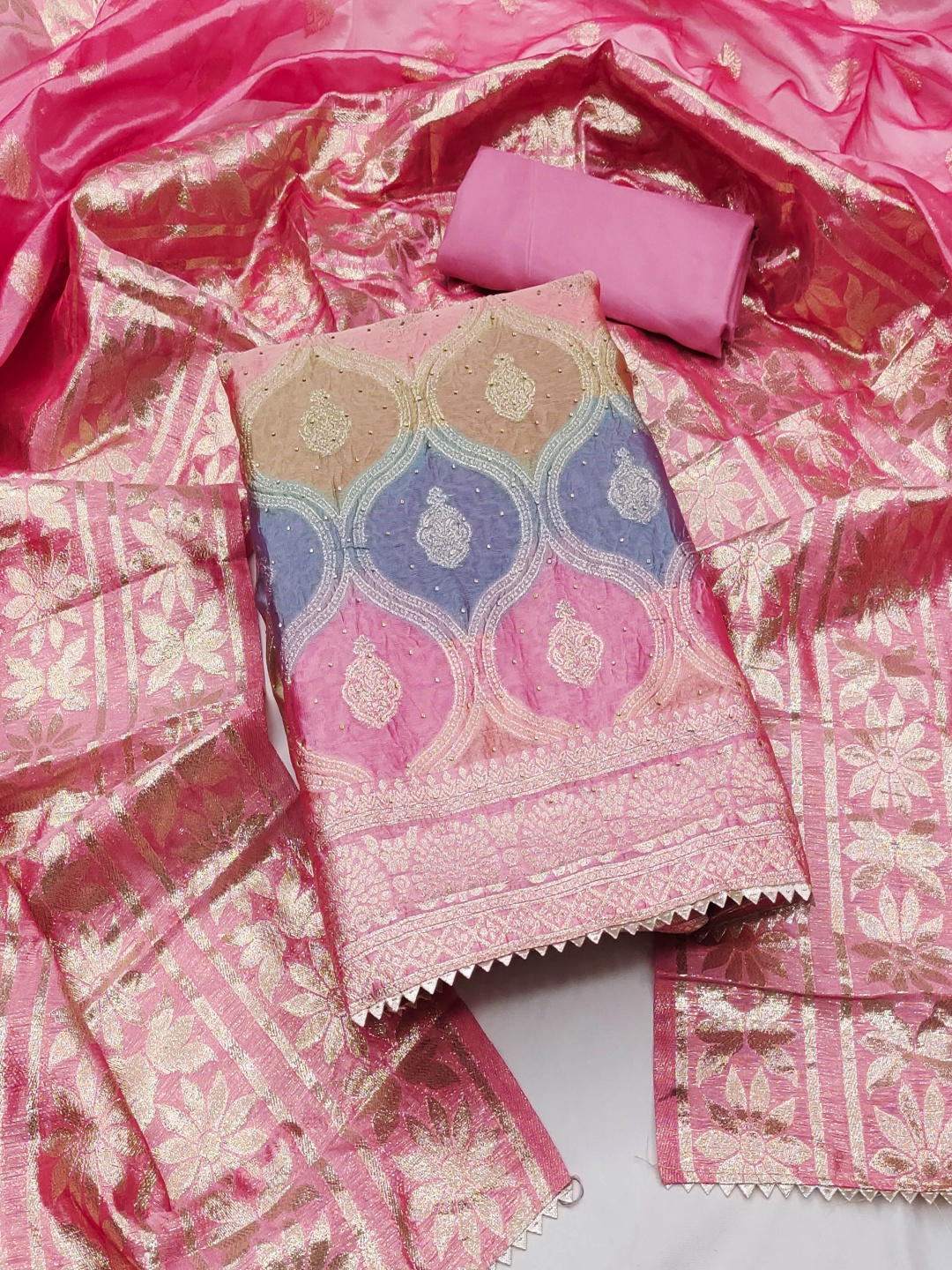 

Maroosh Ethnic Motifs Woven Design Organza Unstitched Dress Material, Pink