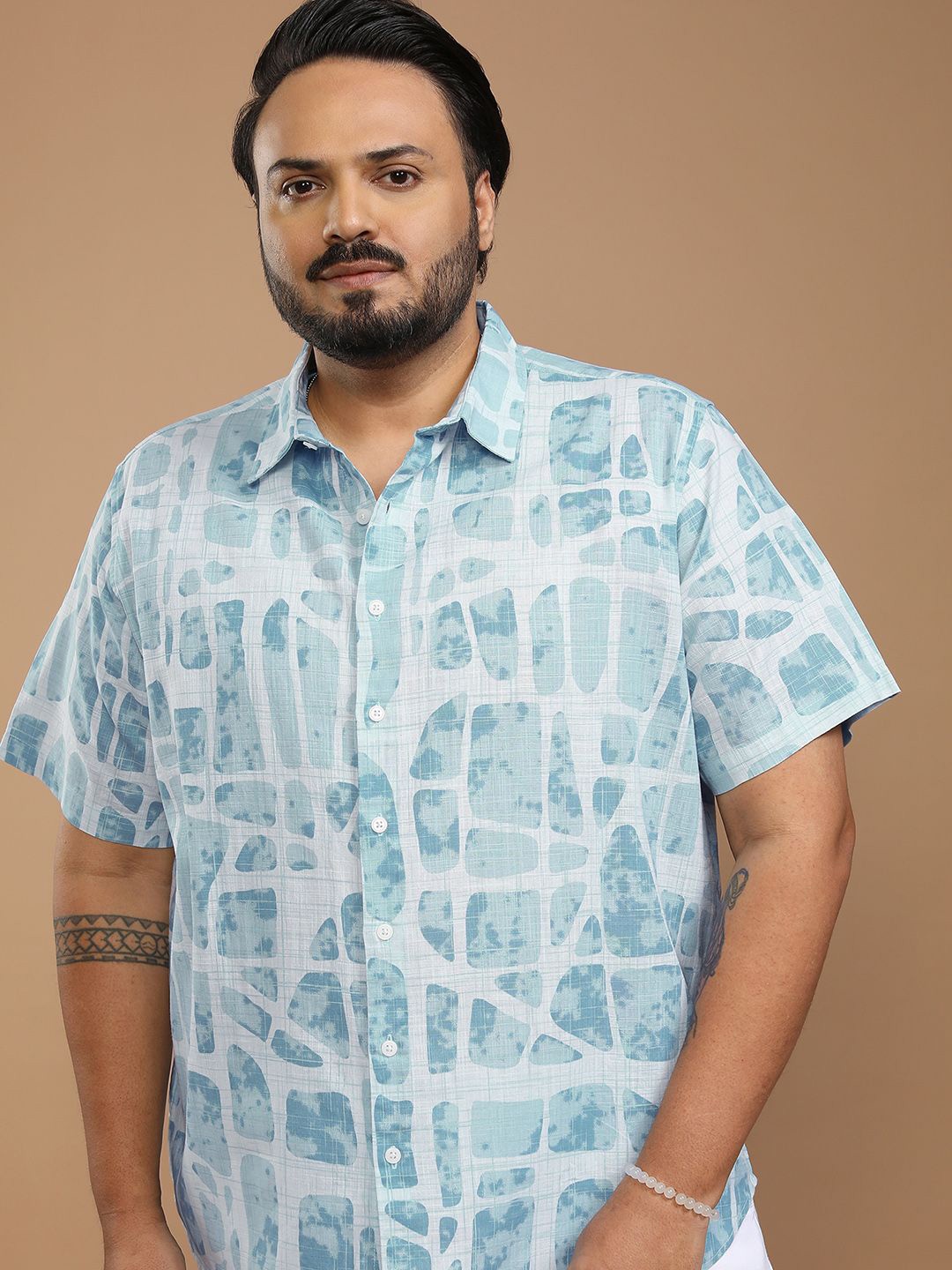 

HIGHLANDER Men Cotton Abstract Printed Plus size Casual Shirt, Blue