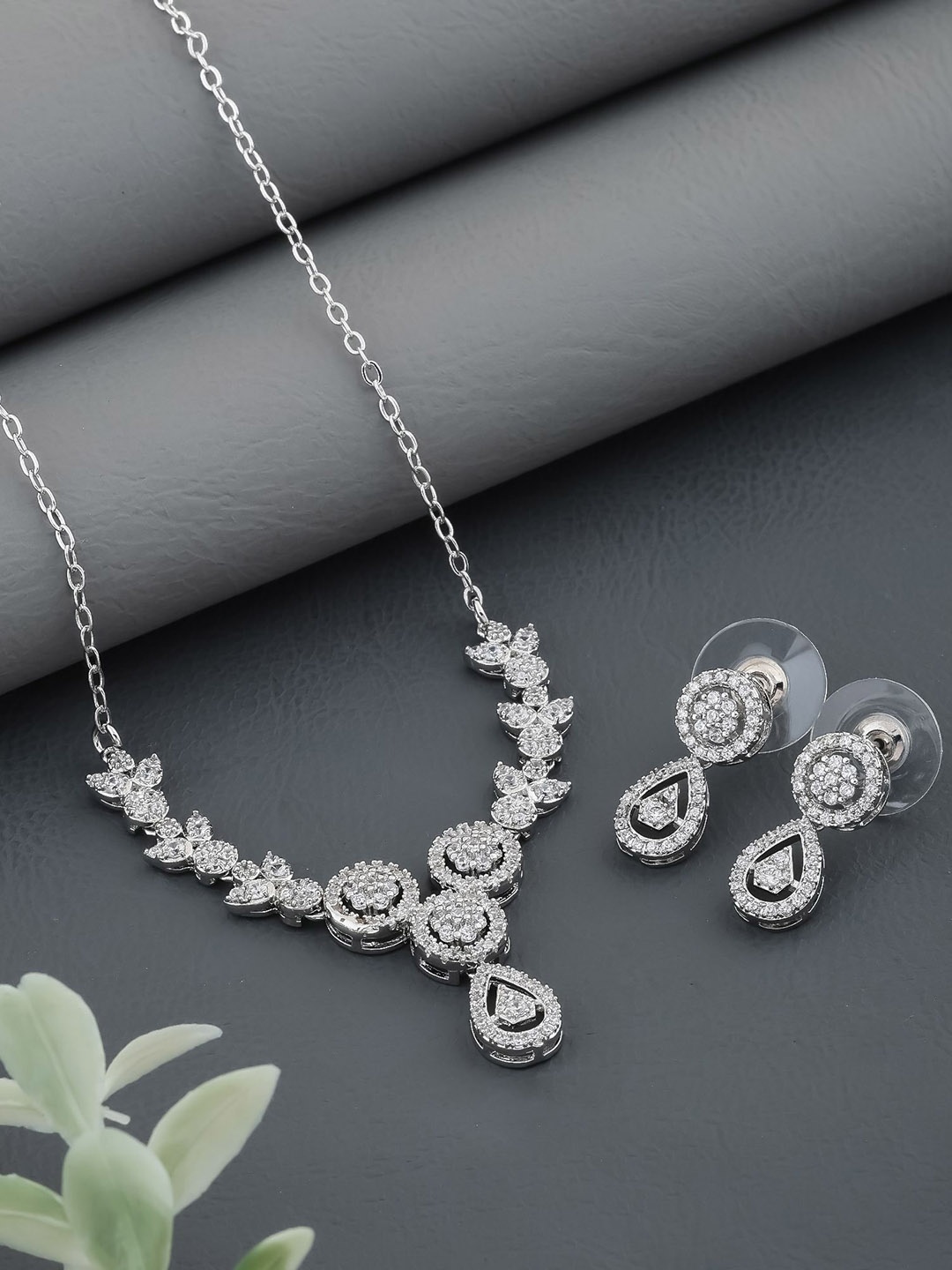 

SKY SHOPPERS Silver-Plated CZ-Stone Stone-Studded Jewellery Set