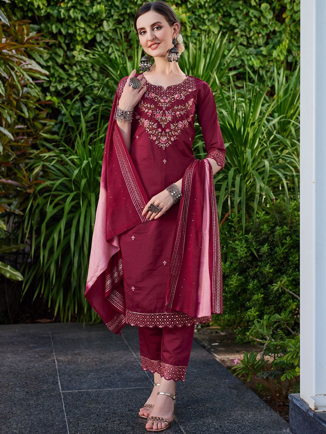 

KALINI Floral Embroidered Kurta with Trousers & Dupatta, Maroon