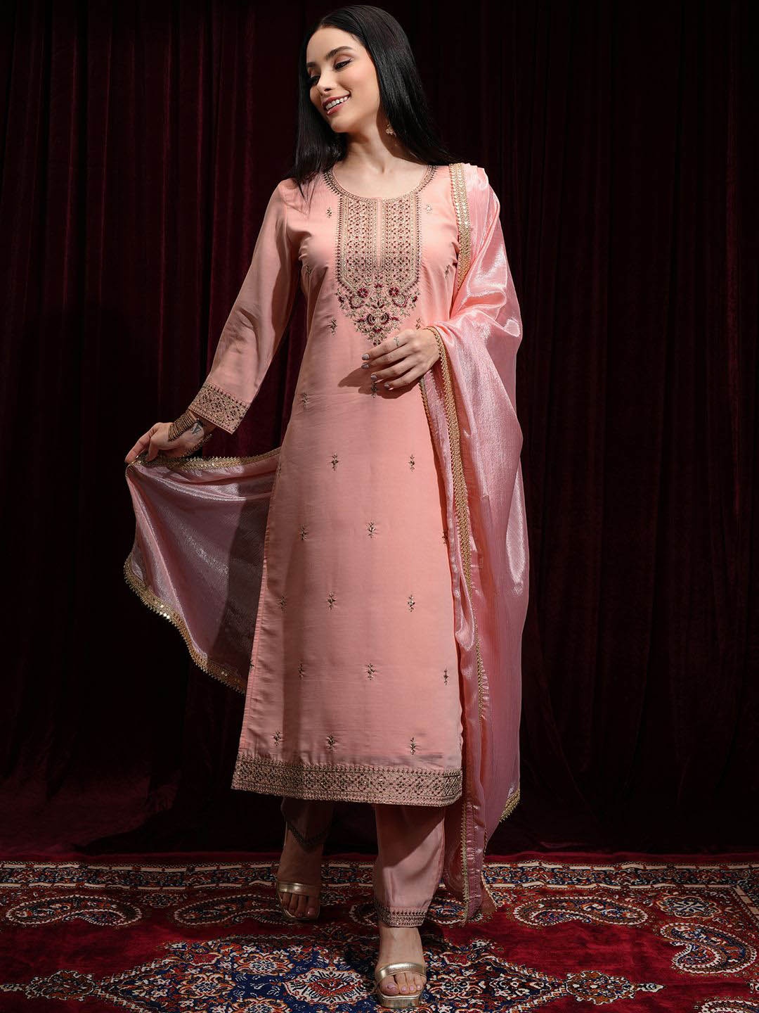 

Vishudh Peach-Coloured Embroidered Regular Straight Kurta with Palazzos & Dupatta