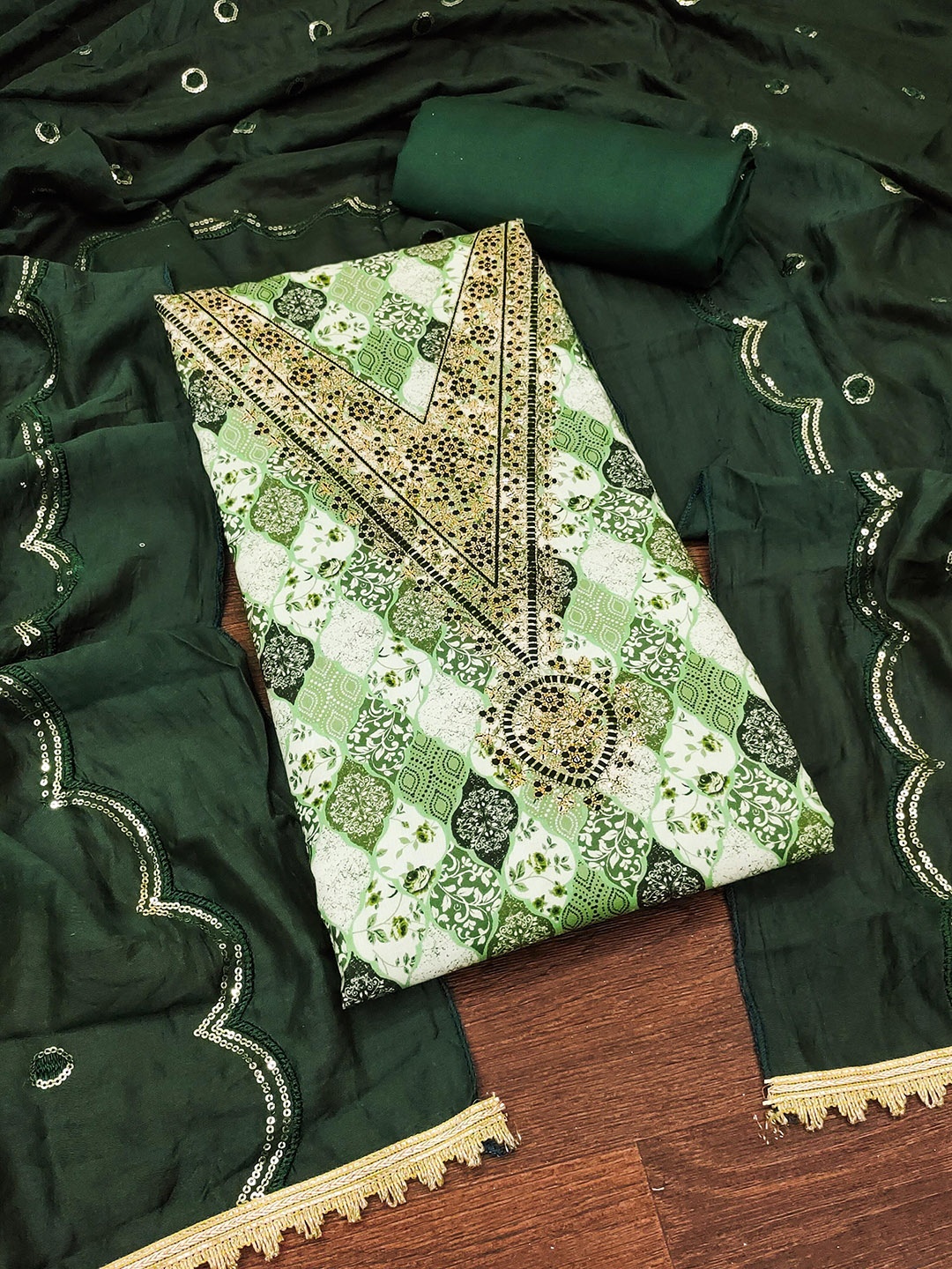 

Maroosh Geometric Embroidered Sequinned Unstitched Dress Material, Green