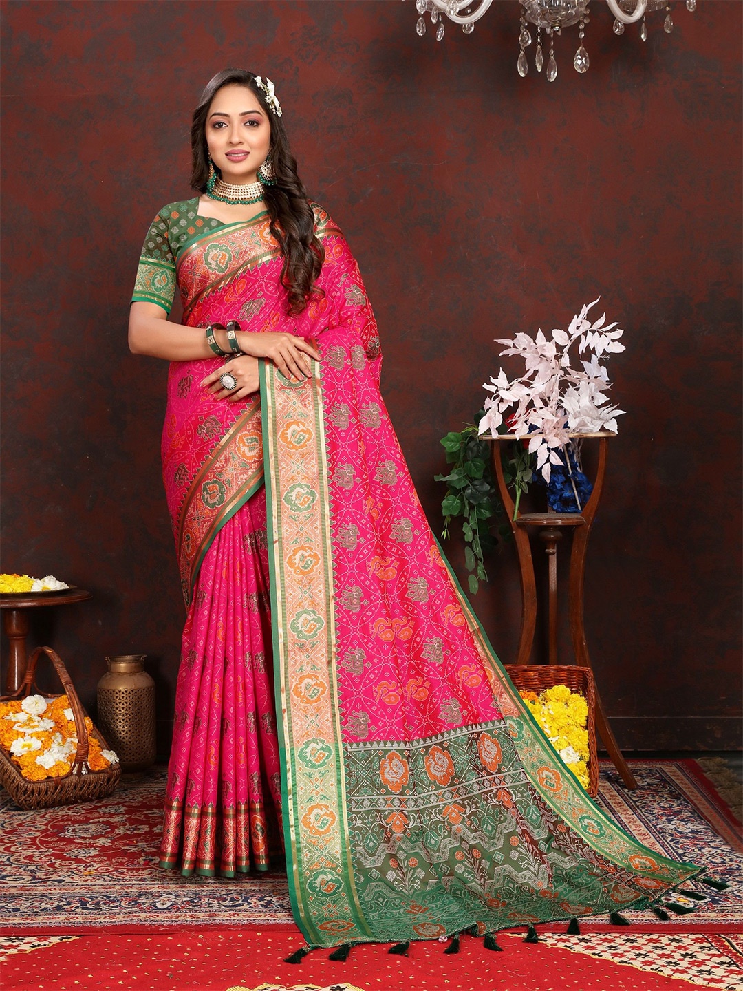 

Anaita Woven Design Zari Silk Blend Patola Saree, Pink