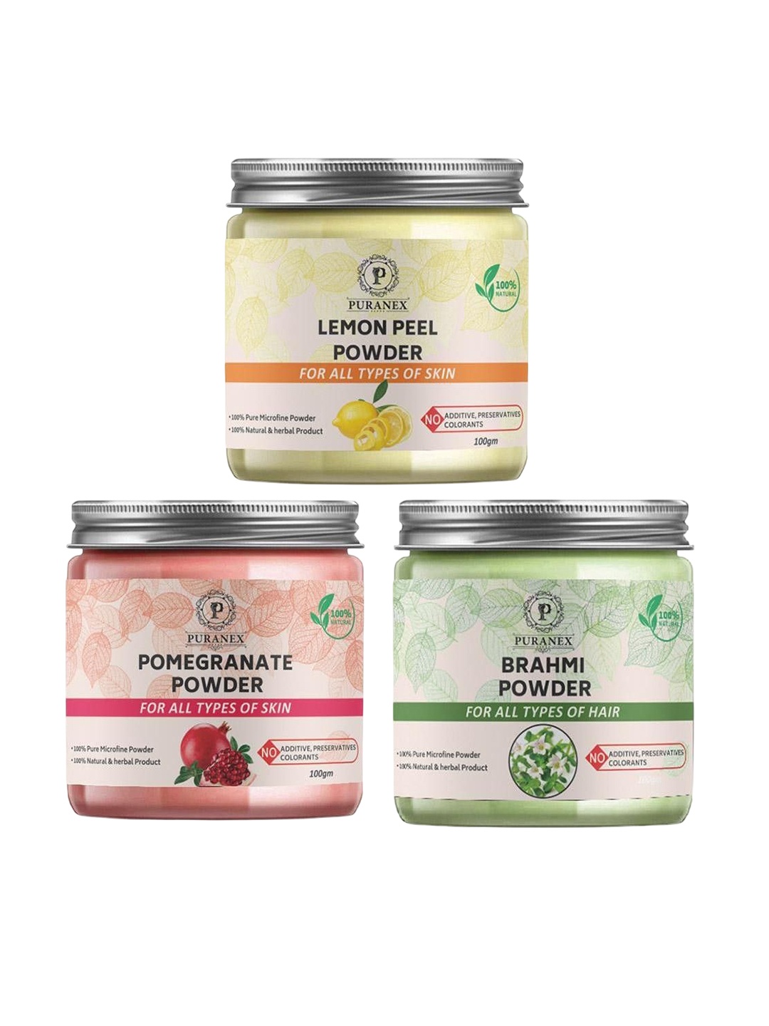 

Puranex Set Of 3 Natural Lemon Peel - Pomegranate & Brahmi Powder -100g Each, White