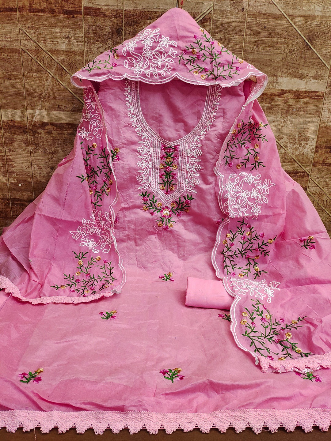 

Maroosh Floral Embroidered Sequinned Unstitched Dress Material, Pink