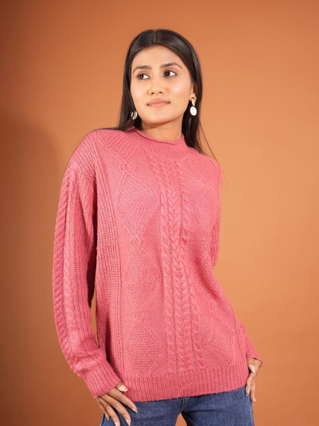 

Stylecast X Kotty Women Cable Knit Self Design Pullover, Peach