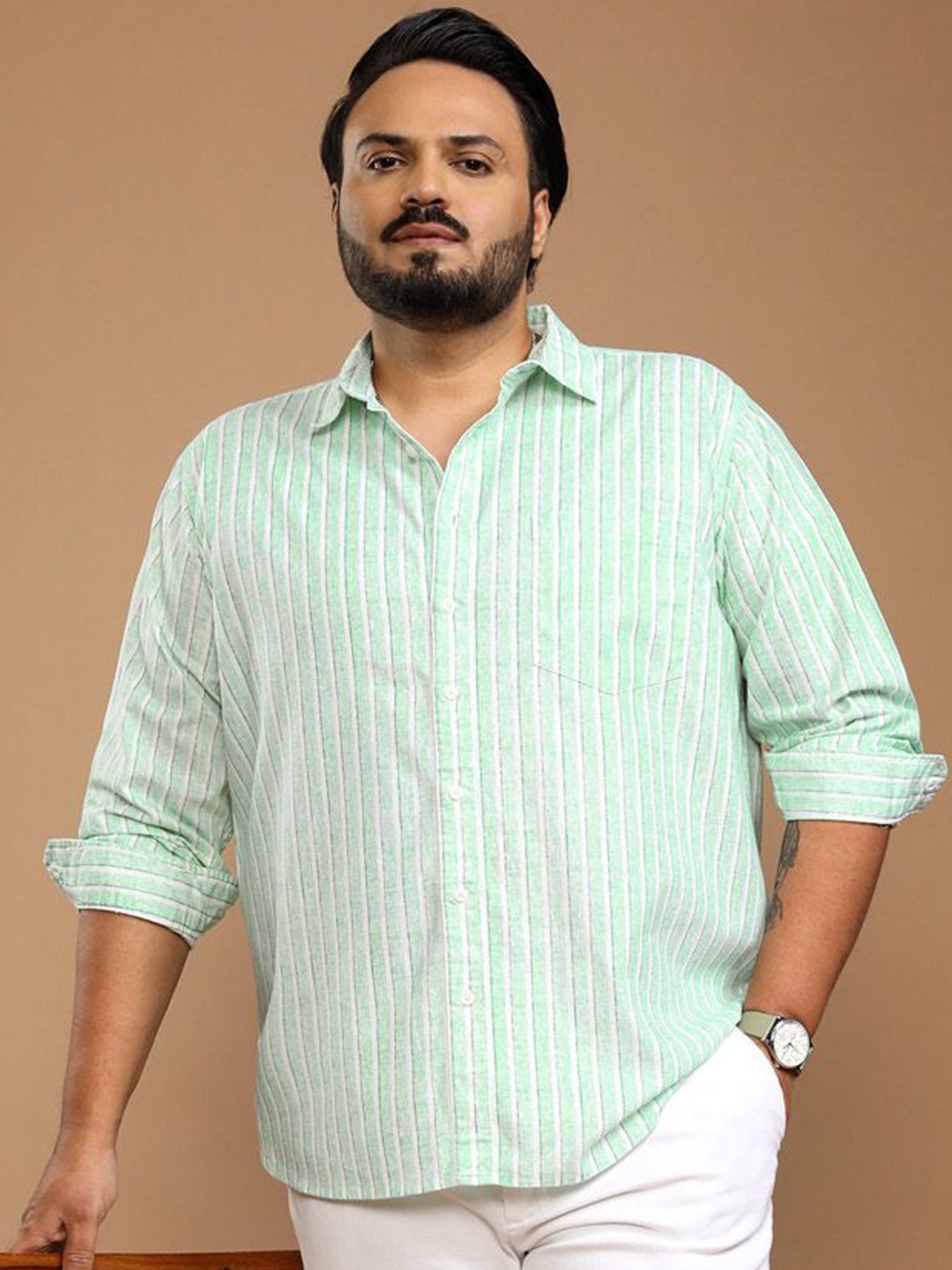

HIGHLANDER Men Cotton Striped Casual Shirt, Green