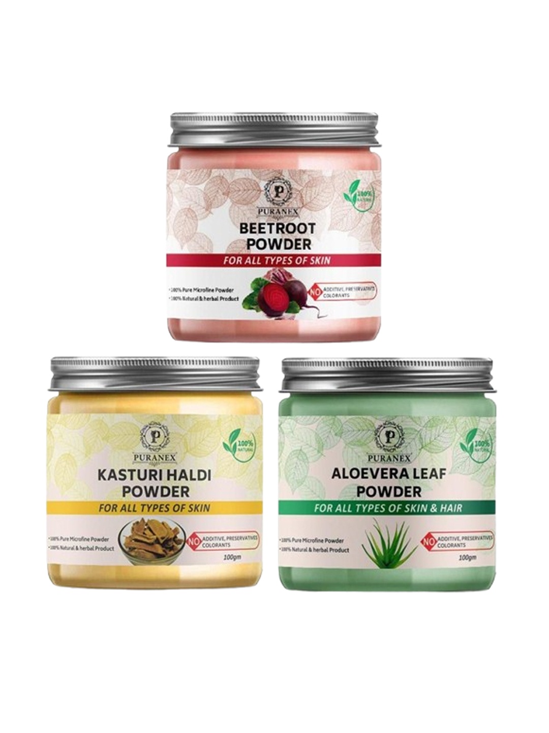 

Puranex Set Of 3 Kasturi Haldi - Aloevera Leaf & Beetroot Powder - 100 g Each, Pink