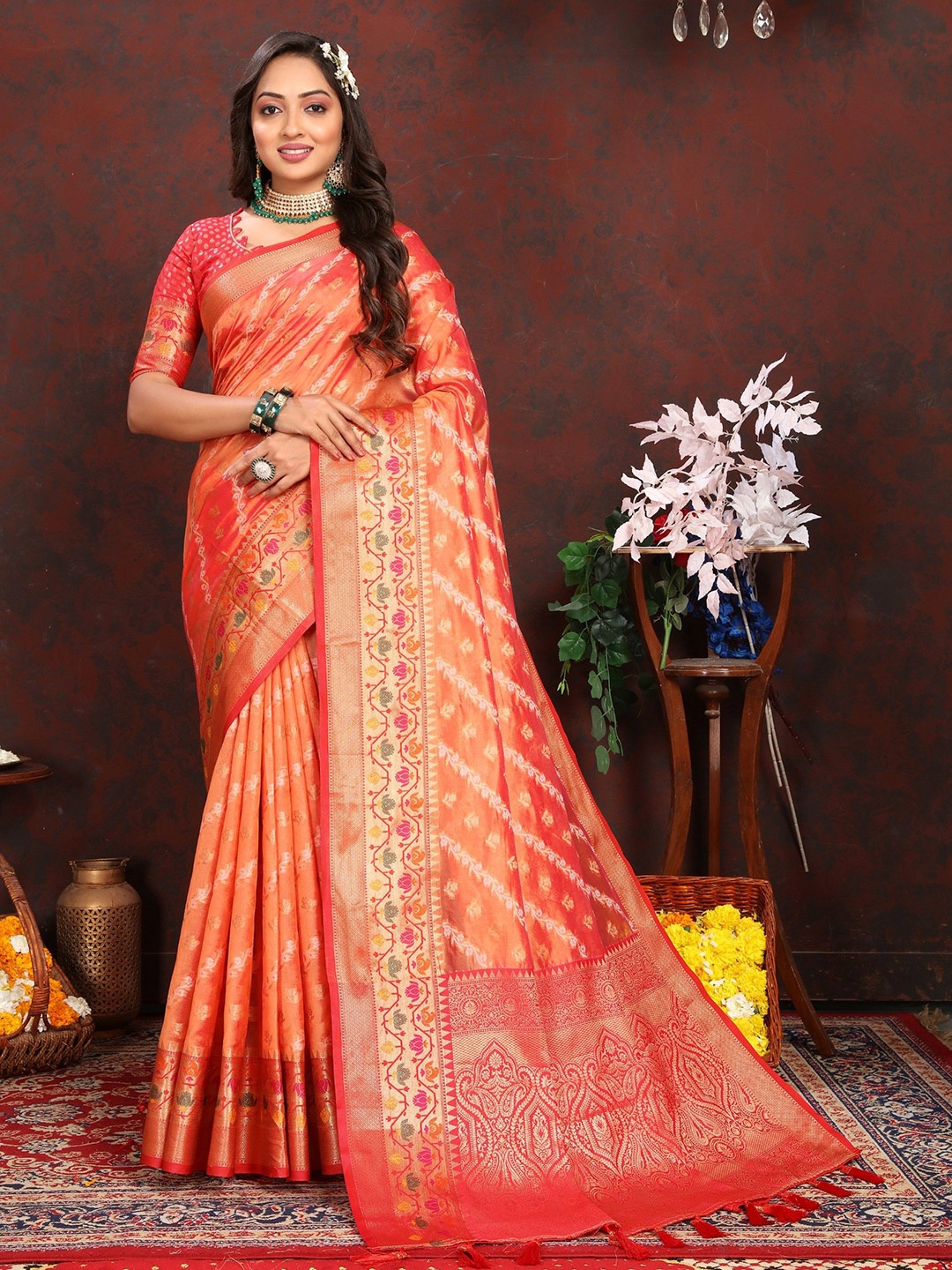 

Anaita Floral Woven Design Zari Banarasi Saree, Orange