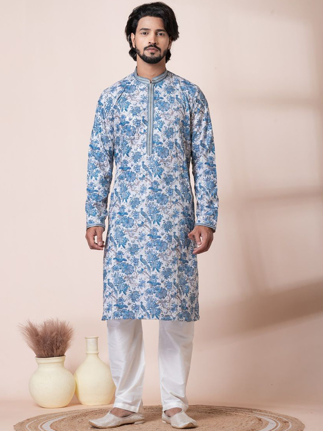 

HU - Handcrafted Uniquely Mandarin Collar Floral Printed Straight Kurta, Turquoise blue