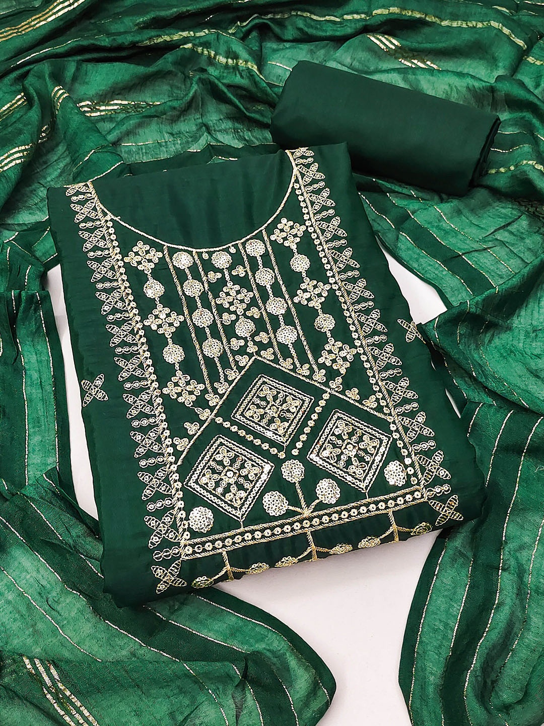 

Maroosh Geometric Embroidered Sequinned Unstitched Dress Material, Green