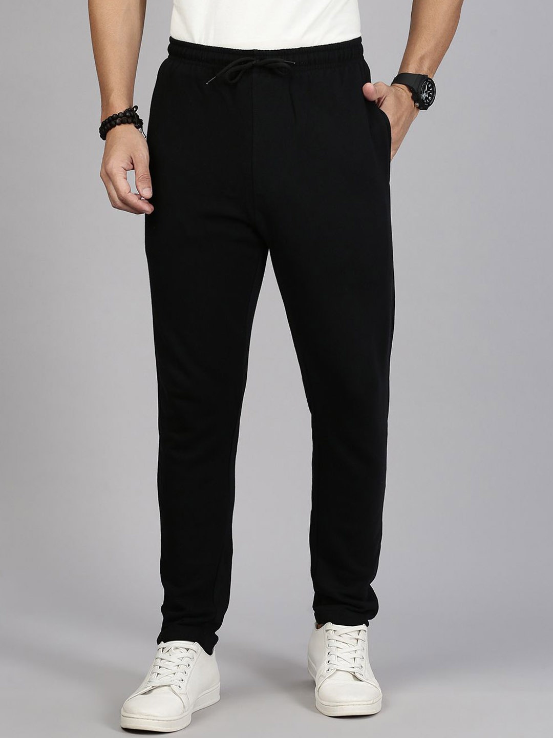 

MADSTO Men Cotton Mid Rise Track Pants, Black