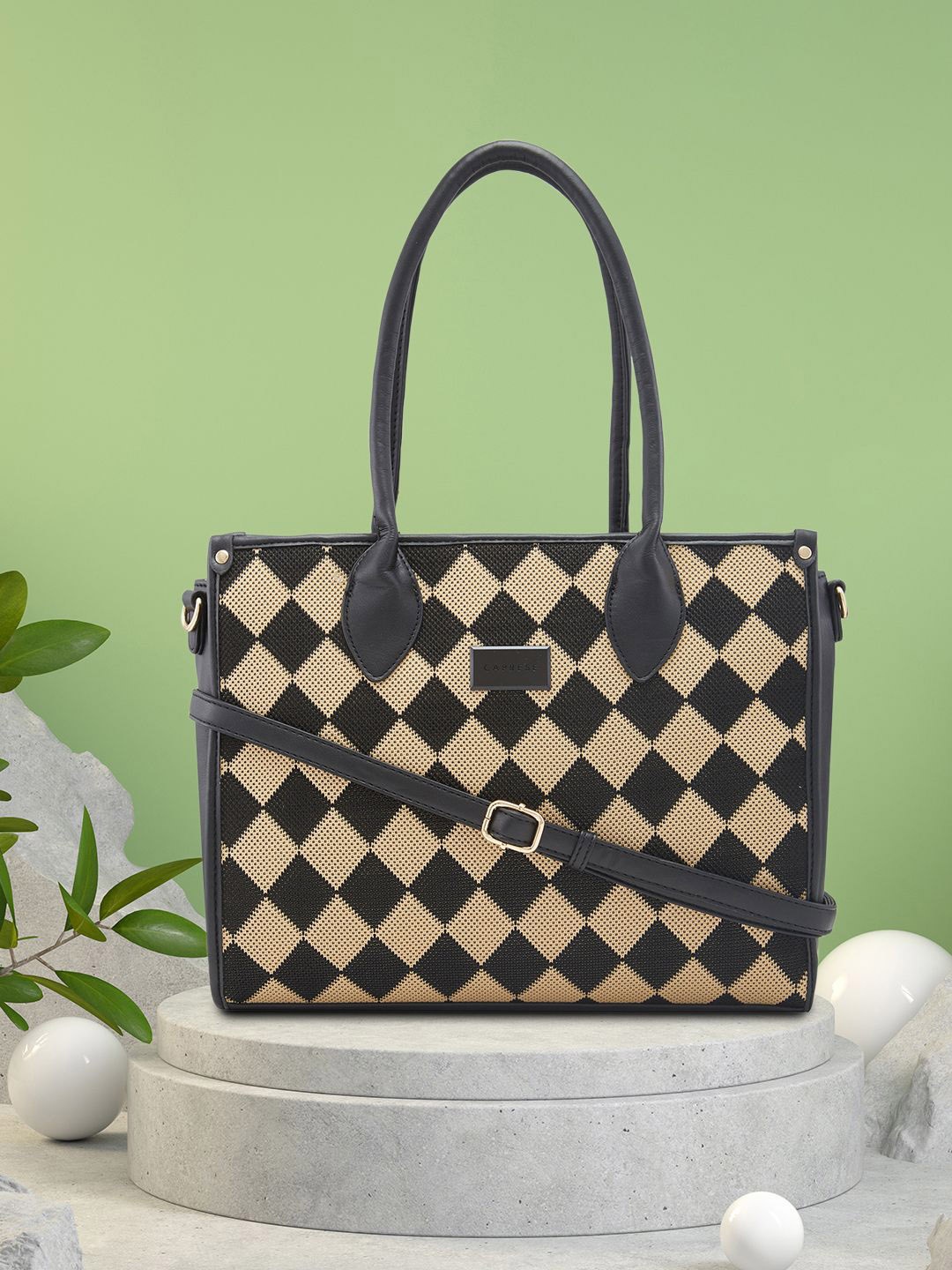 

Caprese Checked PU Structured Shoulder Bag, Black