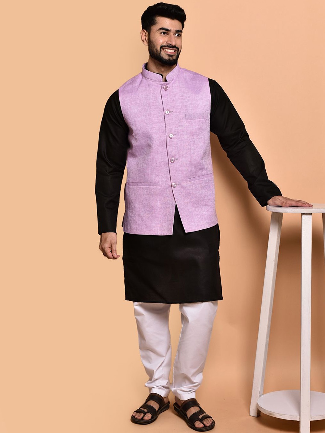 

PRINTINDIA Mandarin Collar Pure Cotton Straight Kurta with Trousers, Black