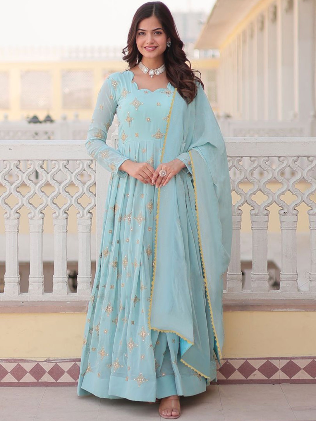 

BAESD Floral Embroidered Georgette Ethnic Dresses With Dupatta, Blue