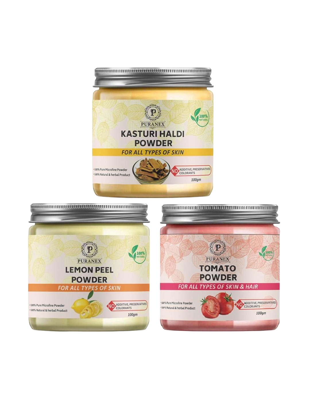 

Puranex Set Of 3 Natural & Pure Kasturi Haldi - Lemon Peel & Tomato Powder -100g Each, Yellow