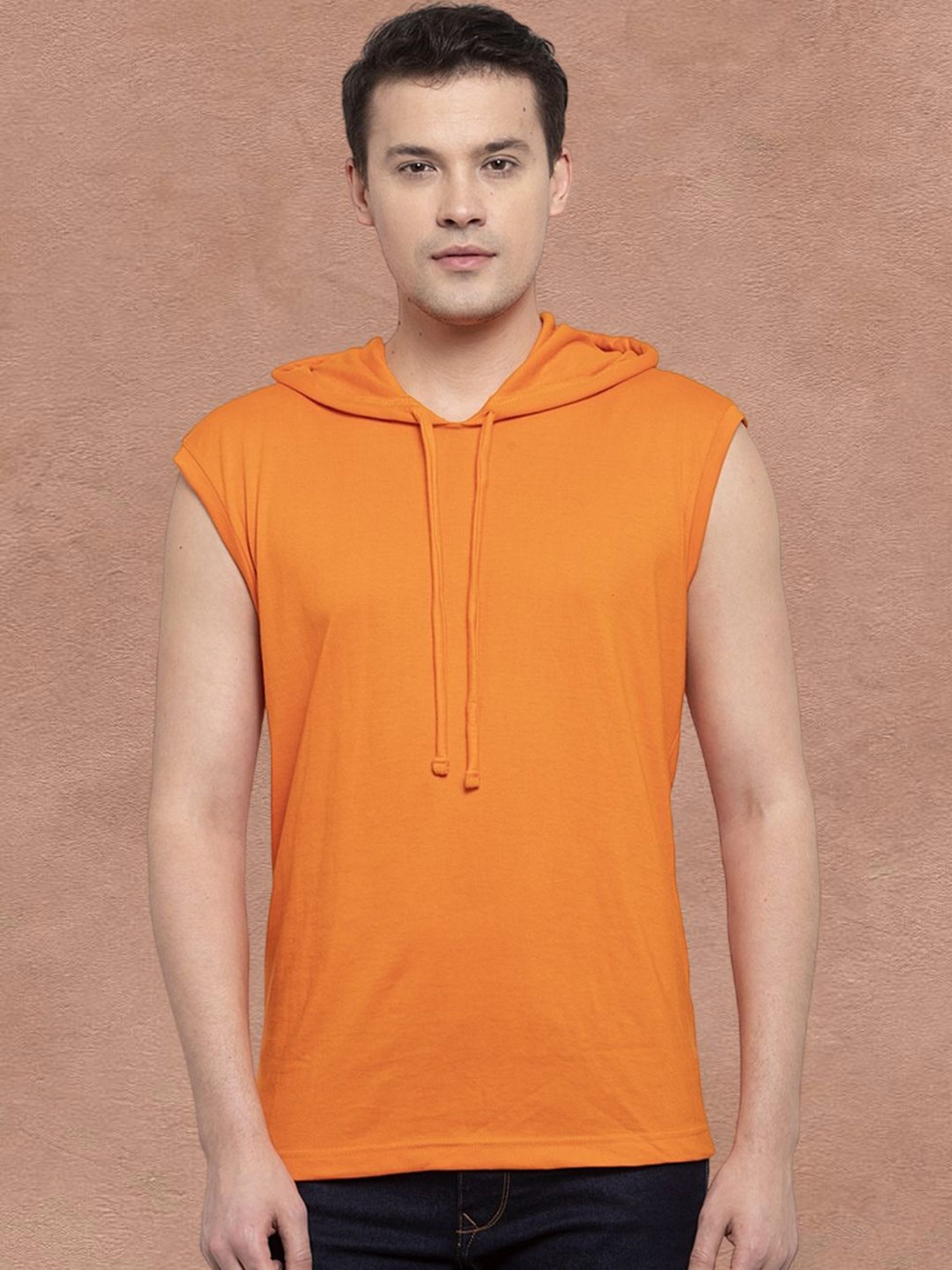 

Friskers Men Orange Cotton Solid Hoodie T-shirt