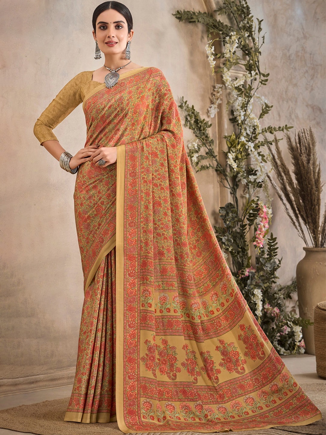 

Reboot Fashions Floral Printed Pure Crepe Saree, Beige