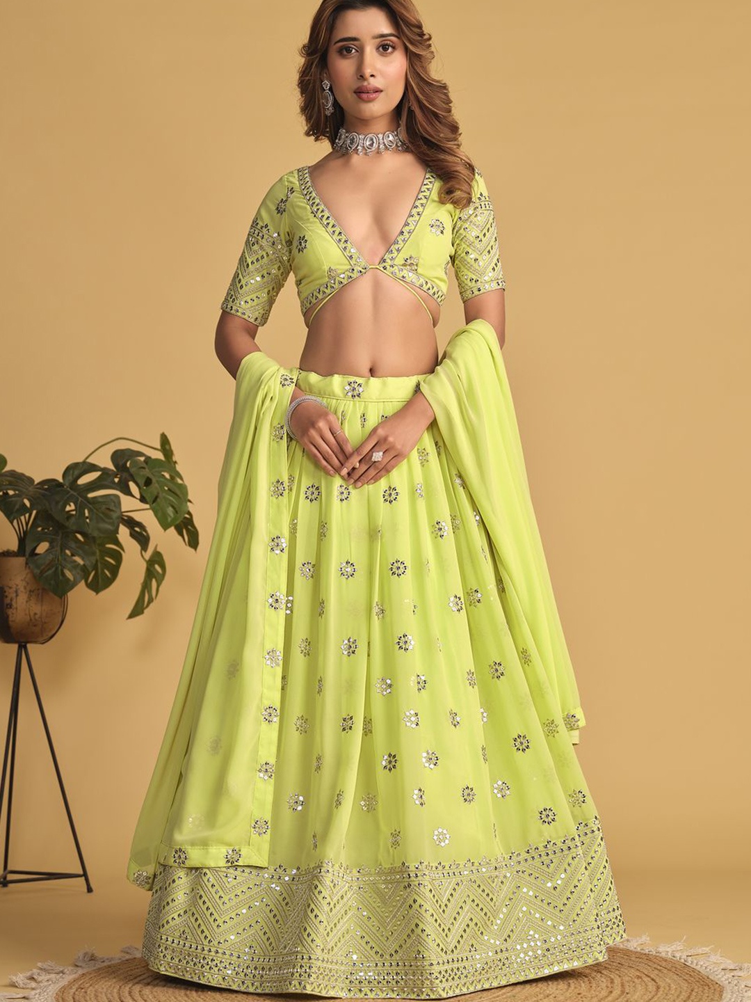 

Ethnic Yard Embroidered Mirror Work Semi Stitched Lehenga & Unstitched Blouse With Dupatta, Green