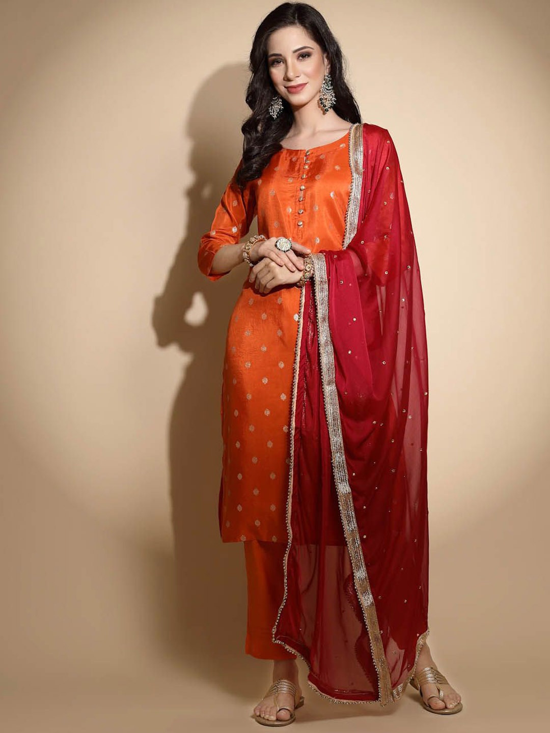 

Me&I Ethnic Motifs Woven Design Straight Kurta with Trouser & Dupatta, Rust