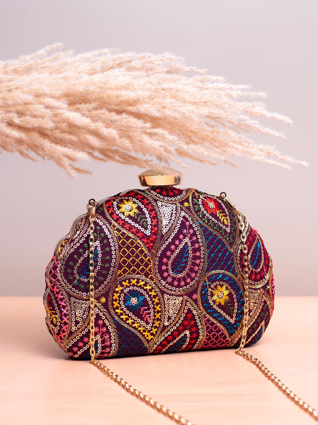 

ARTKLIM Leaf Embroidered Box Clutch, Purple