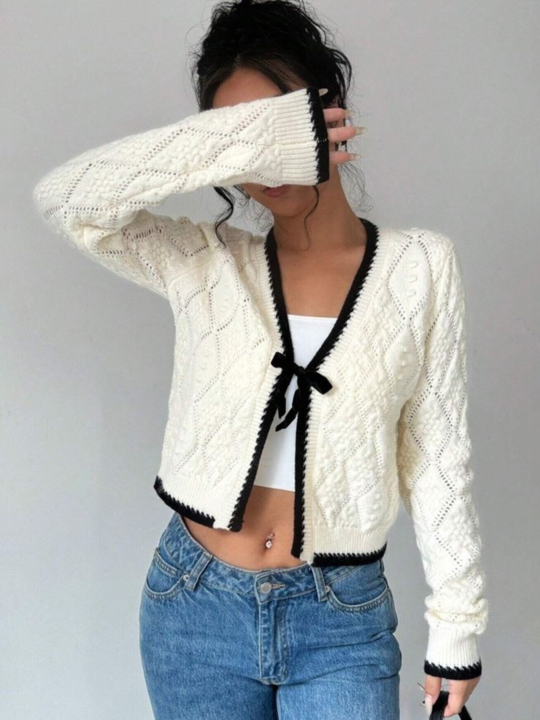 

LULU & SKY Women Self Design Crop Front-Open Sweaters, White