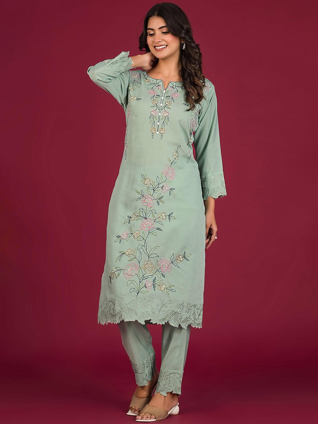 

Peachmode Notch Neck Floral Embroidered Thread Work Kurta with Trousers, Green