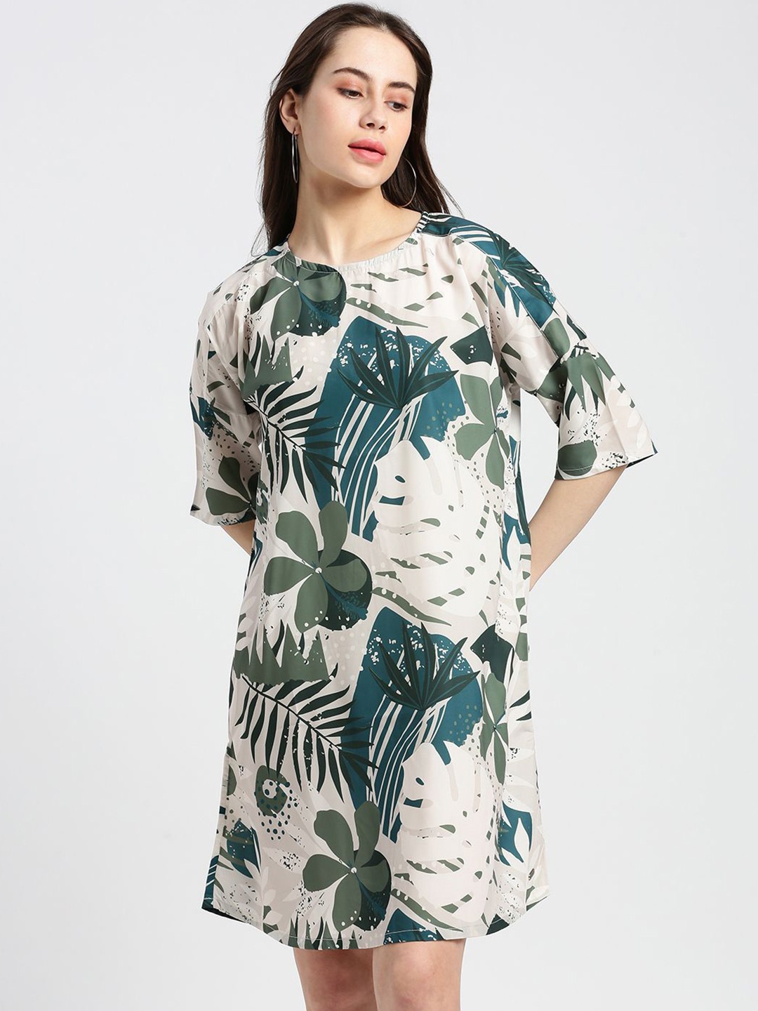 

Grit and Flair Women Tropical Printed A-Line Dress, White