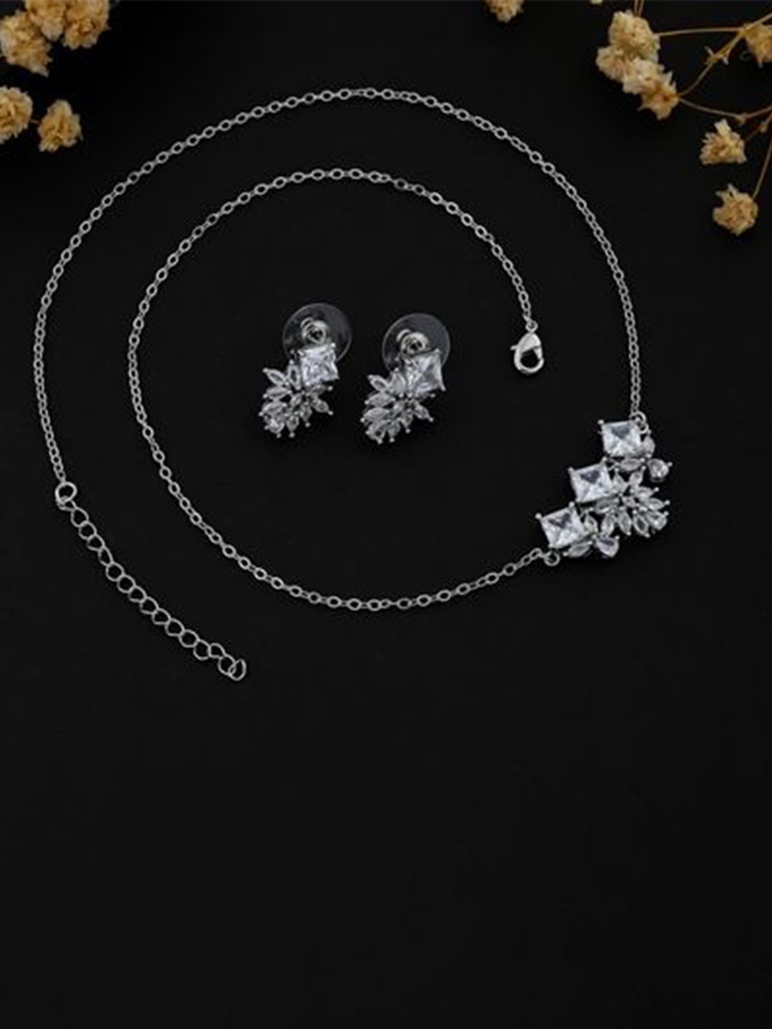 

SKY SHOPPERS Silver Plated Cubic Zirconia Stone Studded Jewellery Set
