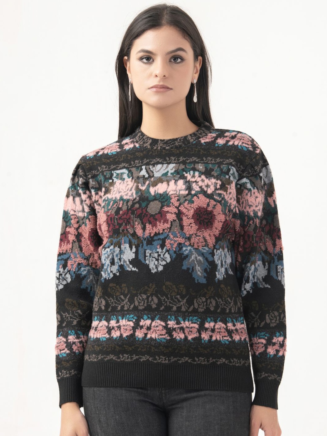 

Albion By CnM Women Floral Self Design Pullover Sweater, Black